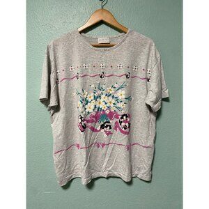 Vintage‎ Scarab Women's Cats and Daisy Flower Floral Grey Shirt Top Size XL